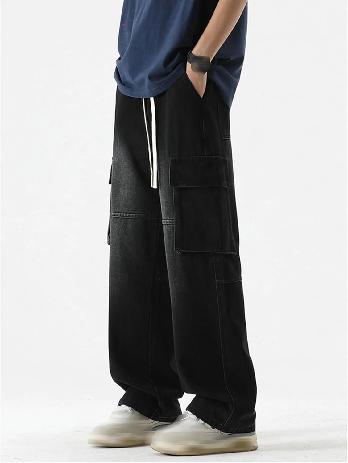 Men's Loose Washed Straight Leg Cargo Jeans Hip Hop Baggy Jeans Wide Leg Denim Pants Streetwear Denim Pants