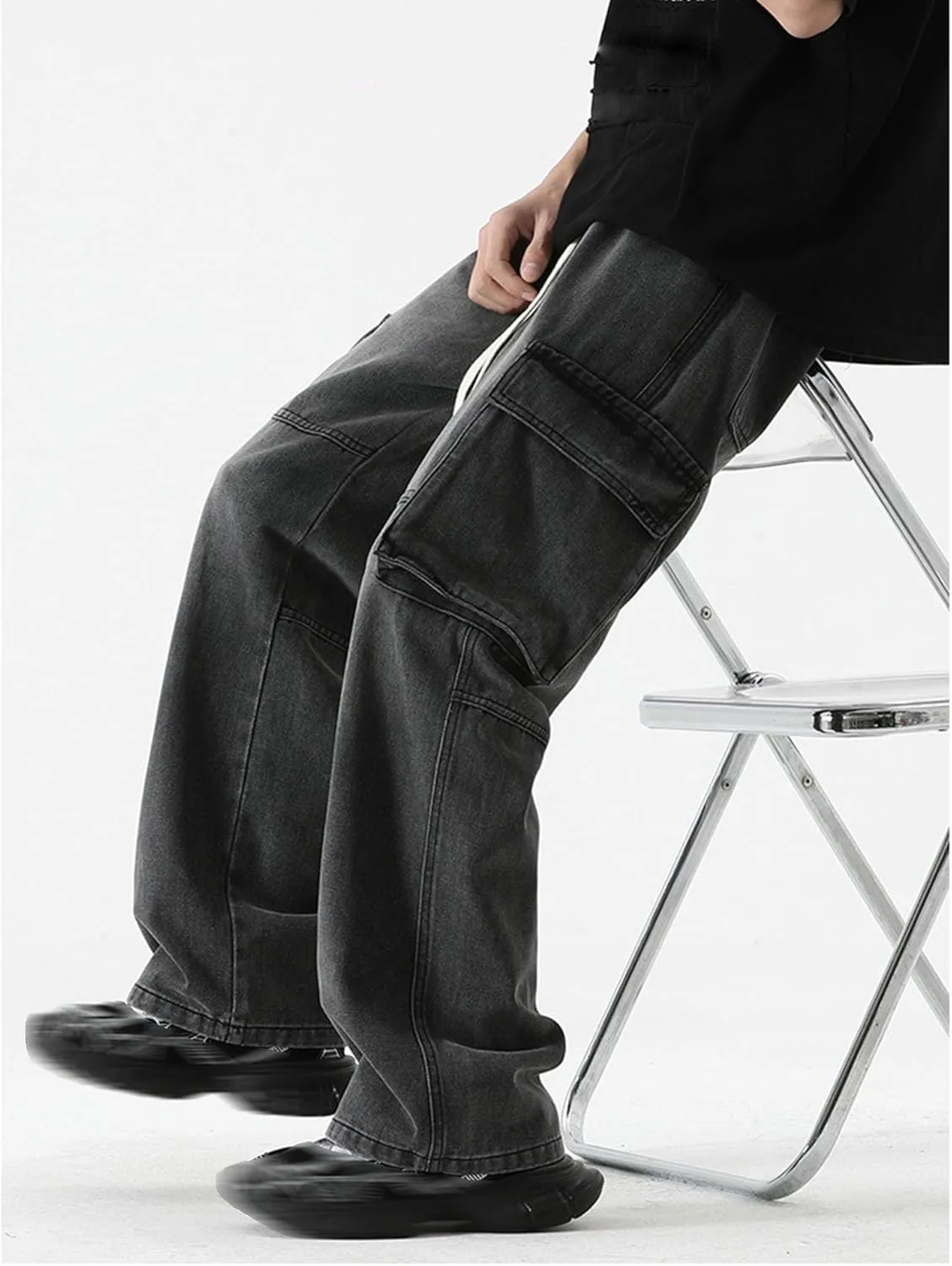 Men's Loose Washed Straight Leg Cargo Jeans Hip Hop Baggy Jeans Wide Leg Denim Pants Streetwear Denim Pants