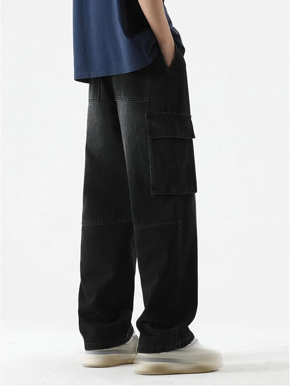 Men's Loose Washed Straight Leg Cargo Jeans Hip Hop Baggy Jeans Wide Leg Denim Pants Streetwear Denim Pants