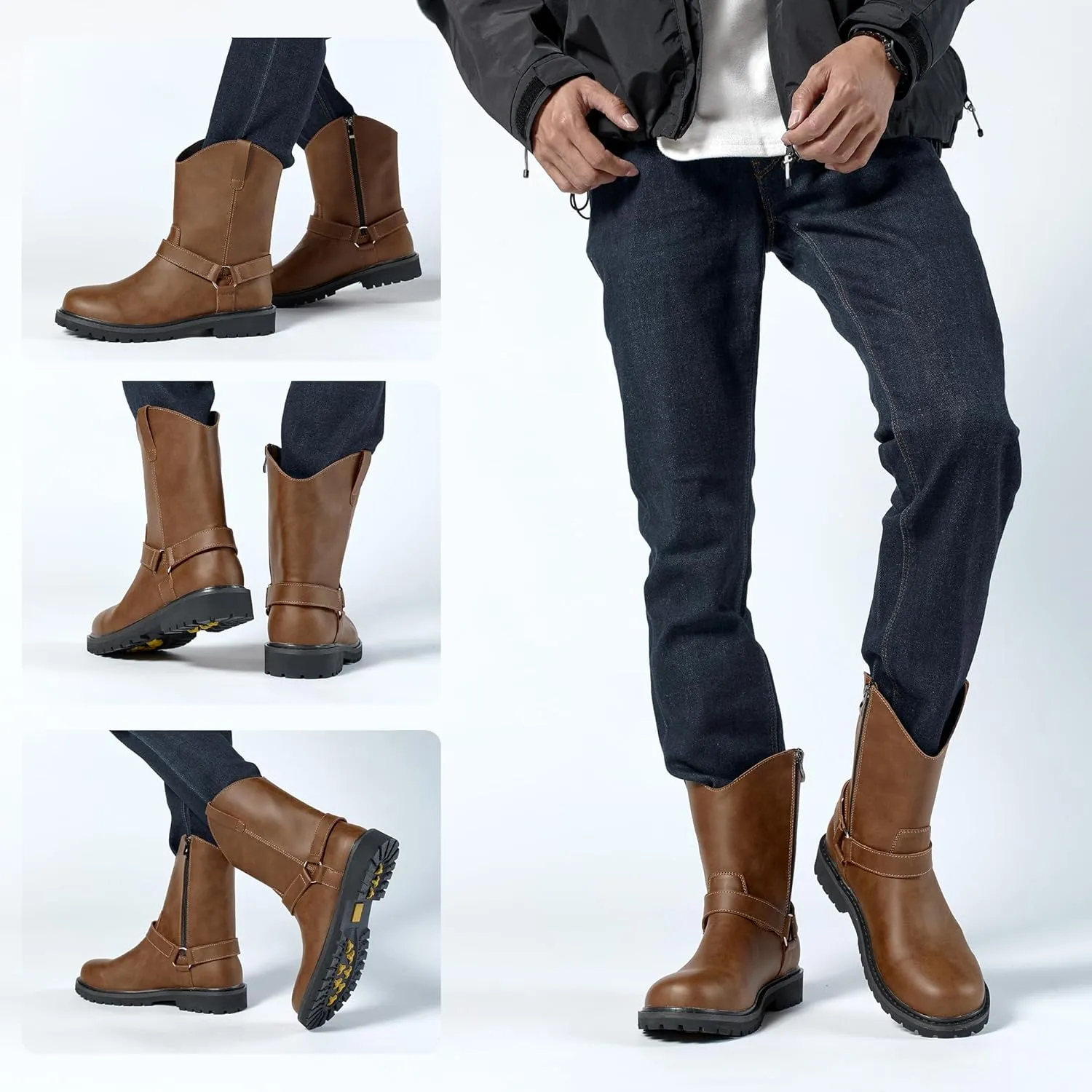 Men's Motorcycle Leather Boots - Black Waterproof Low Heeled Riding, Bicycle, Wide Calf Cowboy, and Hiking Boots