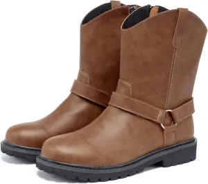 Men's Motorcycle Leather Boots - Black Waterproof Low Heeled Riding, Bicycle, Wide Calf Cowboy, and Hiking Boots