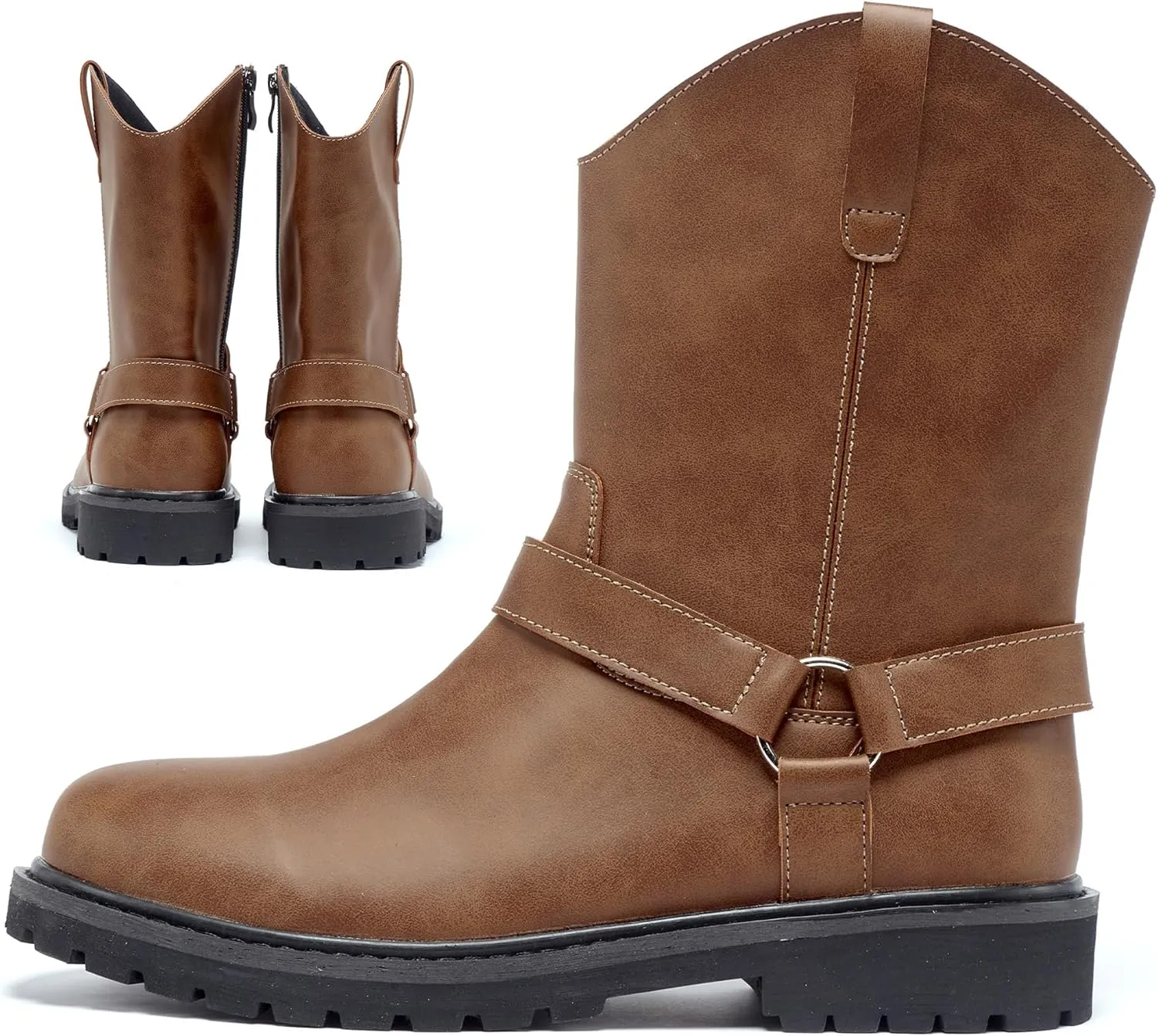 Men's Motorcycle Leather Boots - Black Waterproof Low Heeled Riding, Bicycle, Wide Calf Cowboy, and Hiking Boots