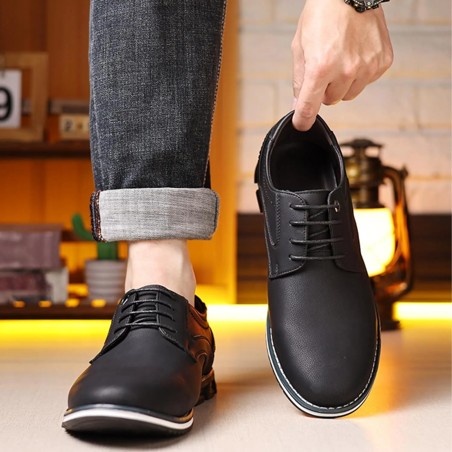 Men’s Oxford Dress Sneakers Casual Business Round Toe Flats Soft Linin Simple Lace-up Anti-Slip Loafers Shoes for Walk Driving Derby Orthopedic
