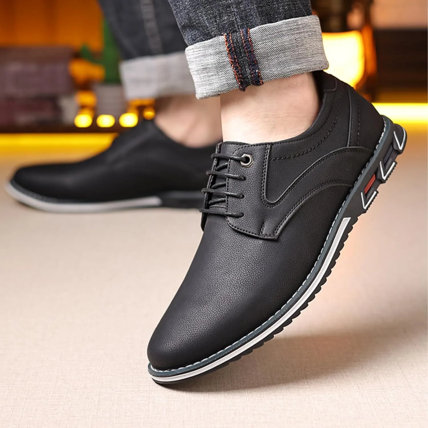 Men’s Oxford Dress Sneakers Casual Business Round Toe Flats Soft Linin Simple Lace-up Anti-Slip Loafers Shoes for Walk Driving Derby Orthopedic