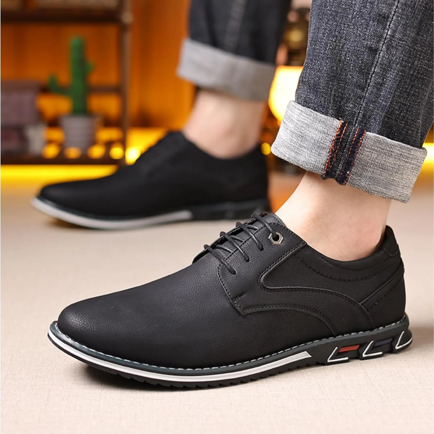 Men’s Oxford Dress Sneakers Casual Business Round Toe Flats Soft Linin Simple Lace-up Anti-Slip Loafers Shoes for Walk Driving Derby Orthopedic