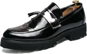 Men's Patent Leather Platform Slip-On Penny Loafers Shoes, Fashion Round Toe Tassel Non-Slip Lug Sole Dress Shoes,for Party Dating Prom