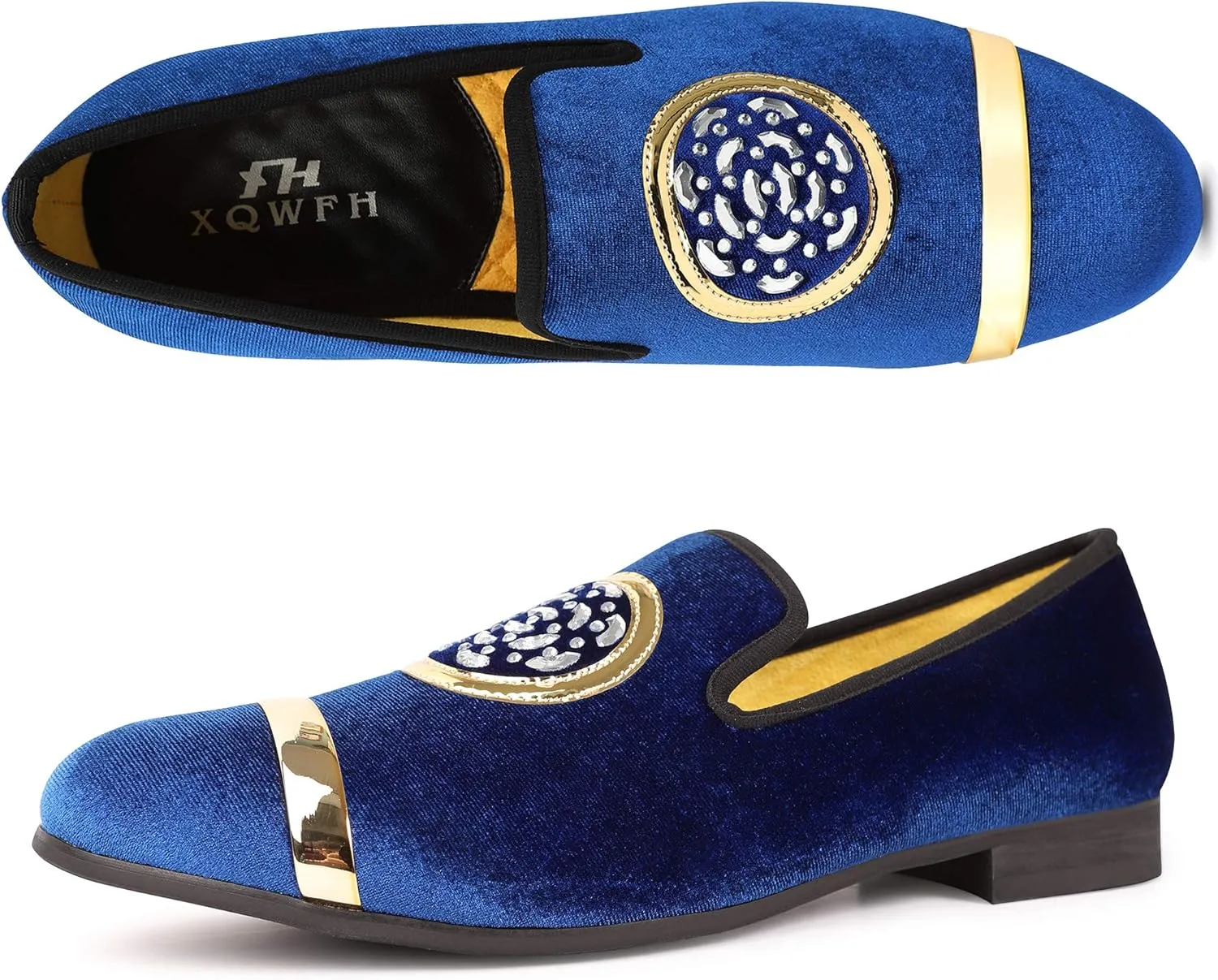 Mens Rhinestone Loafers Velvet Tuxedo Dress Shoes with Gold Plate Smoking Slippers Slip-On Penny Party Wedding Casual Shoes