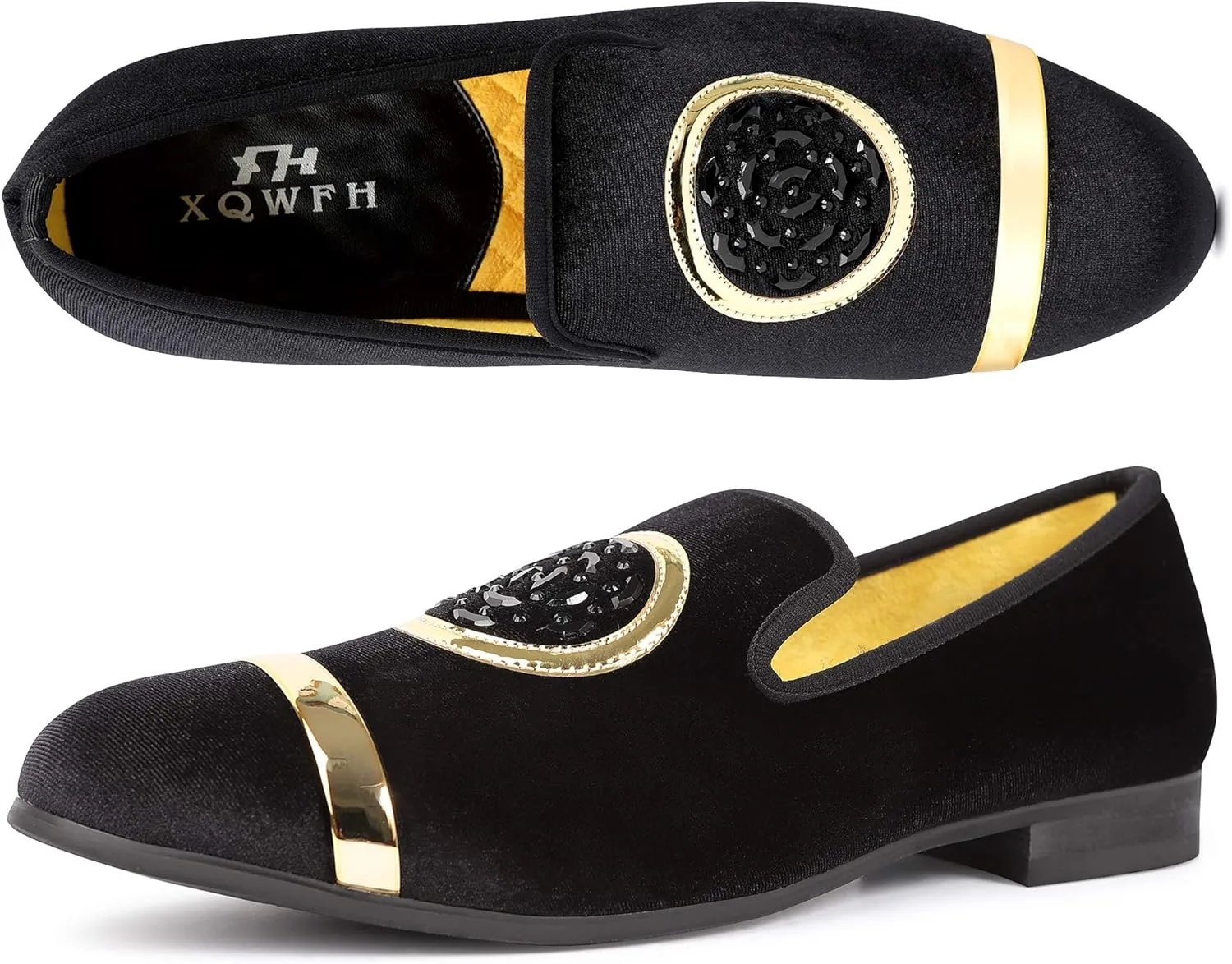 Mens Rhinestone Loafers Velvet Tuxedo Dress Shoes with Gold Plate Smoking Slippers Slip-On Penny Party Wedding Casual Shoes