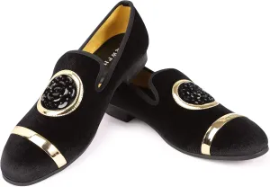 Mens Rhinestone Loafers Velvet Tuxedo Dress Shoes with Gold Plate Smoking Slippers Slip-On Penny Party Wedding Casual Shoes