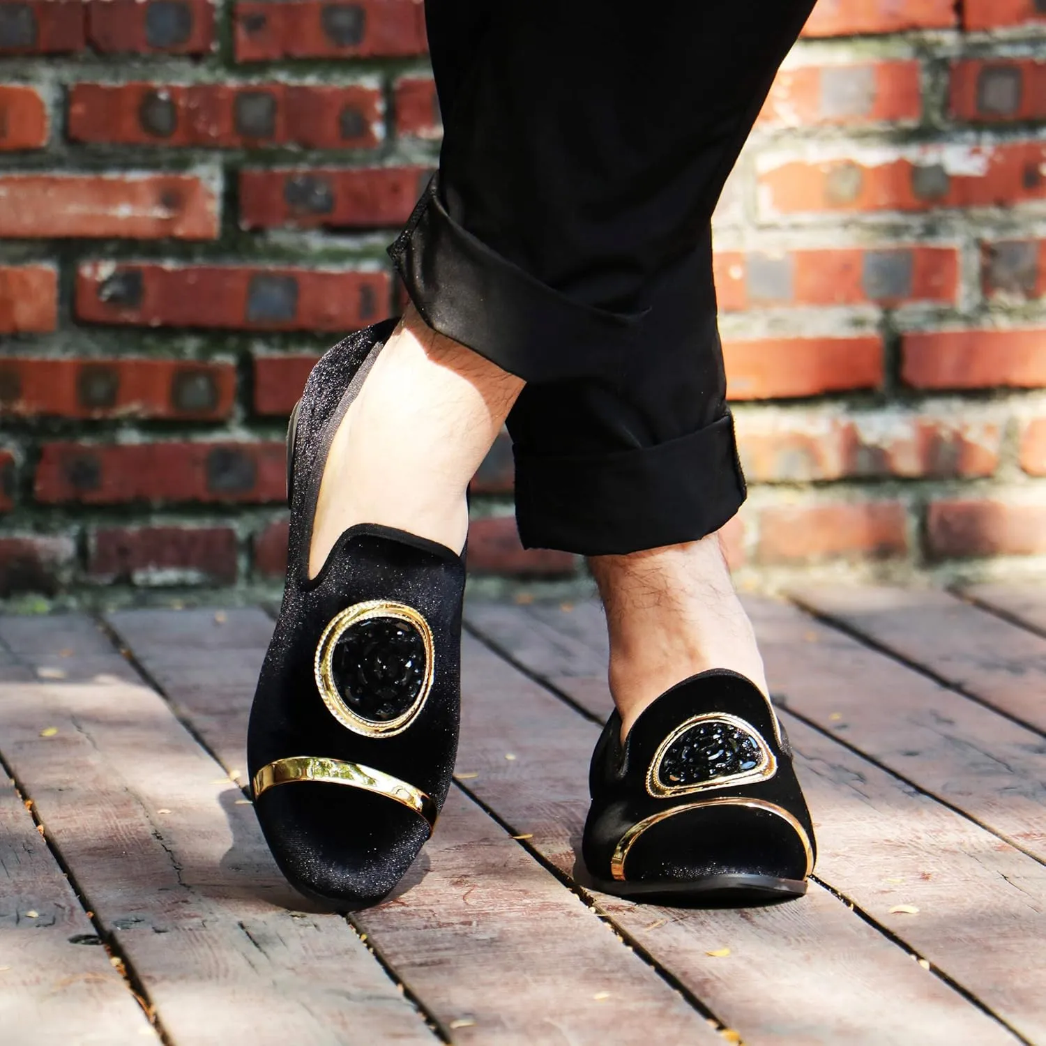Mens Rhinestone Loafers Velvet Tuxedo Dress Shoes with Gold Plate Smoking Slippers Slip-On Penny Party Wedding Casual Shoes