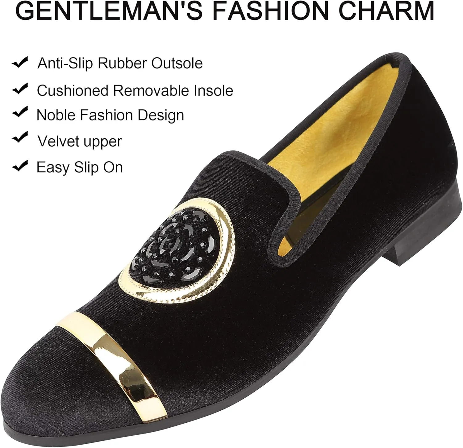 Mens Rhinestone Loafers Velvet Tuxedo Dress Shoes with Gold Plate Smoking Slippers Slip-On Penny Party Wedding Casual Shoes