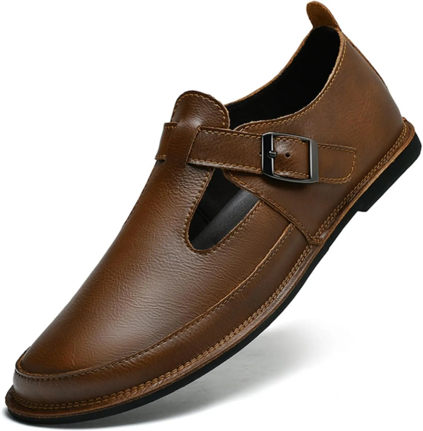Mens Shoes Dress Slip - on Loafers， Men's Simple Premium Genuine Leather Buckle Shoes for Driving