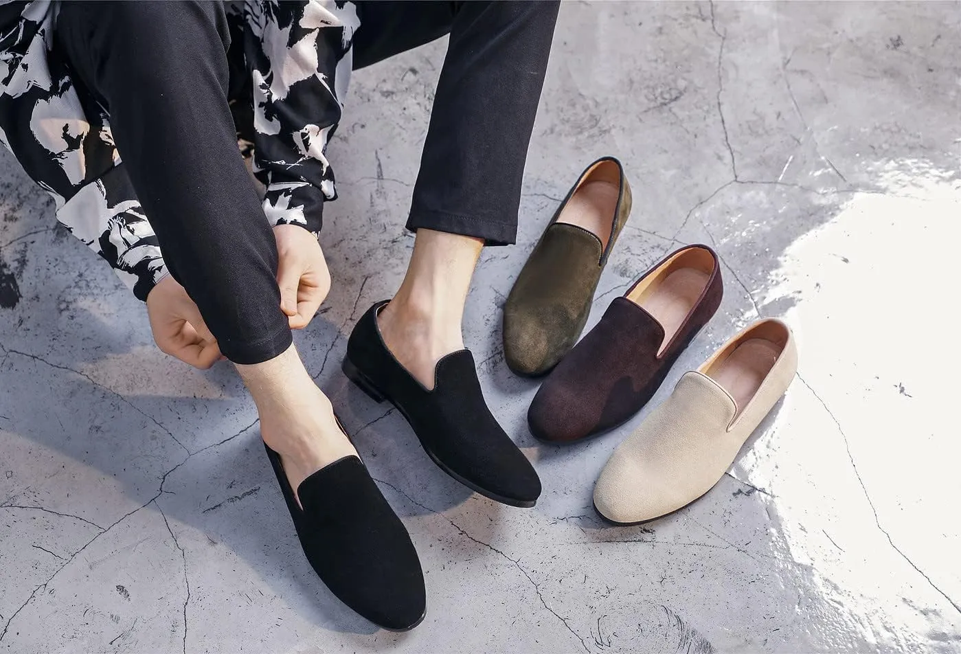 Mens Shoes Suede Slip-on Penny Loafers Casual Smoking Slippers Driving Dress Shoes Black Brown Ivory Khaki