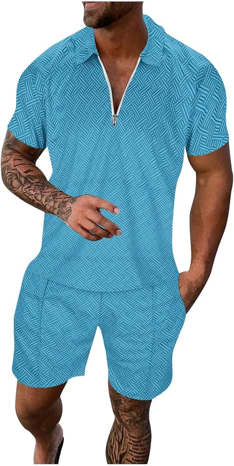 Mens Short Sets Outfits 2 Piece Summer Tracksuit, Men's Short Sleeve Polo Shirt And Short Sets Summer Outfits For Men