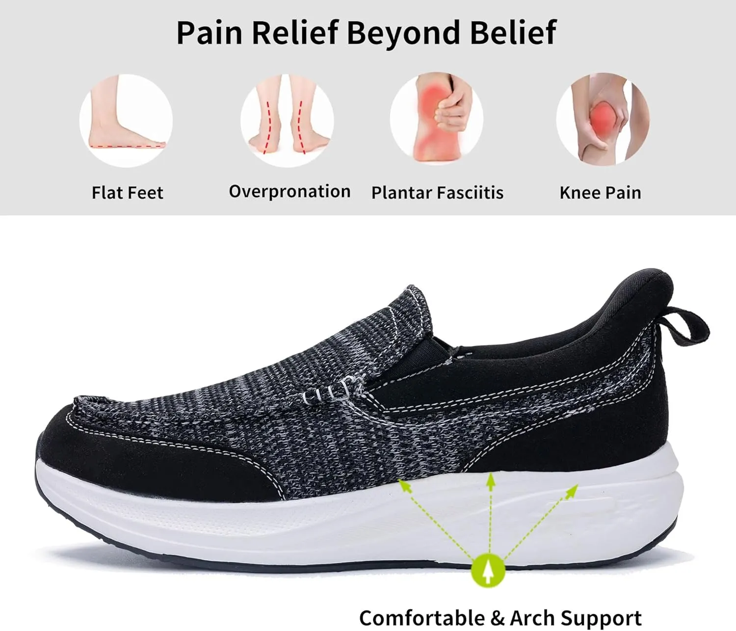 Men's Slip On Loafers | Causal Walking Shoes with Arch Support | Comfortable Lightweight Loafers for Plantar Fasciitis US 7-13