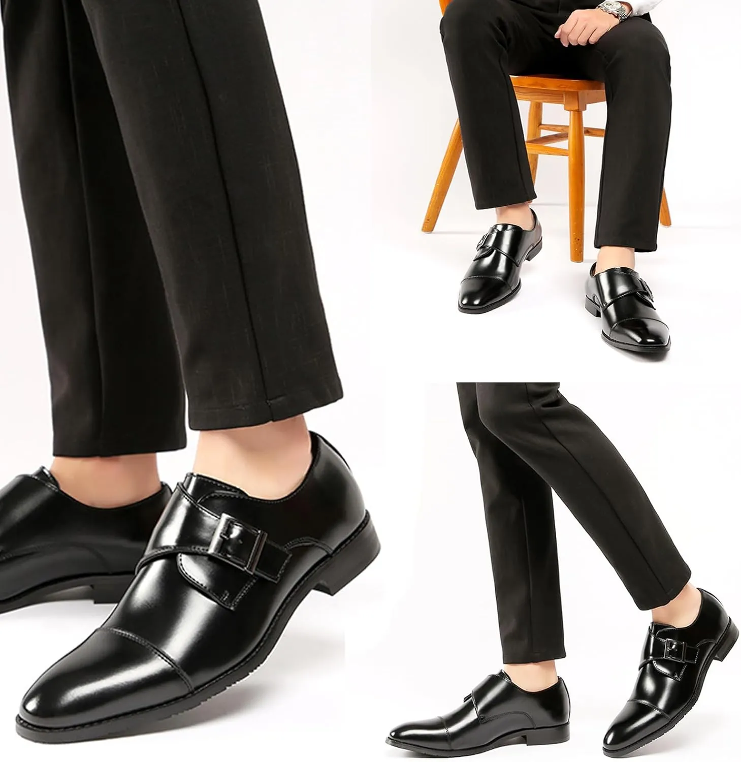 Men's Slip-On Monk Strap Dress Loafers,Fashion Pointy Leather Formal Oxford Shoes Casual Business Party Wedding Men Shoes