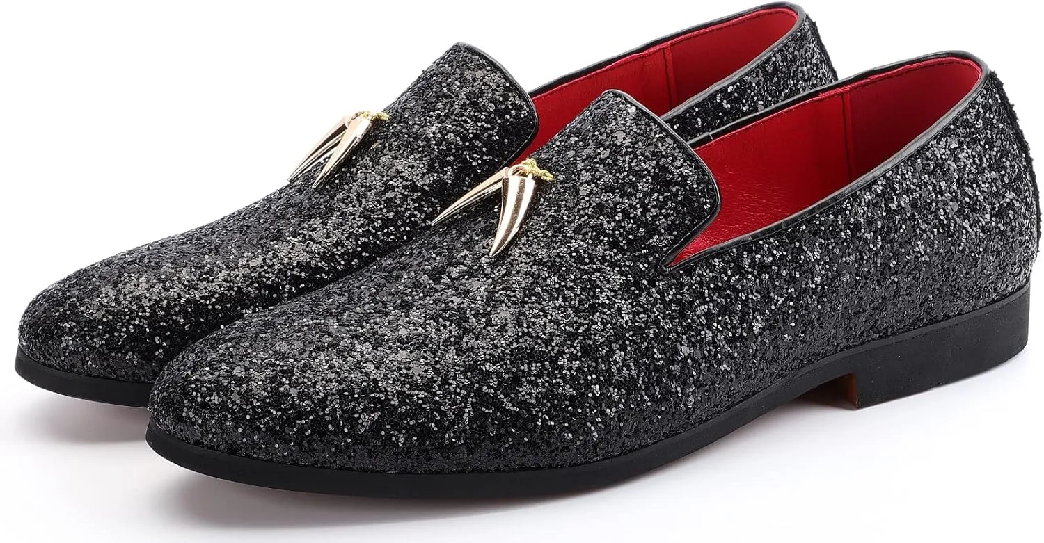 Mens Smoking Glitter Slipper, Luxury Penny Slip-On Classic Party Wedding Tuxedo Loafers Sparkle Dress Shoes