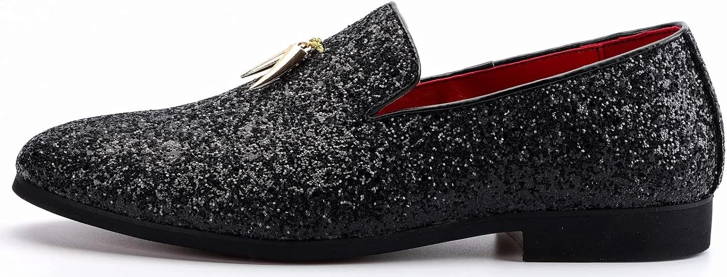 Mens Smoking Glitter Slipper, Luxury Penny Slip-On Classic Party Wedding Tuxedo Loafers Sparkle Dress Shoes