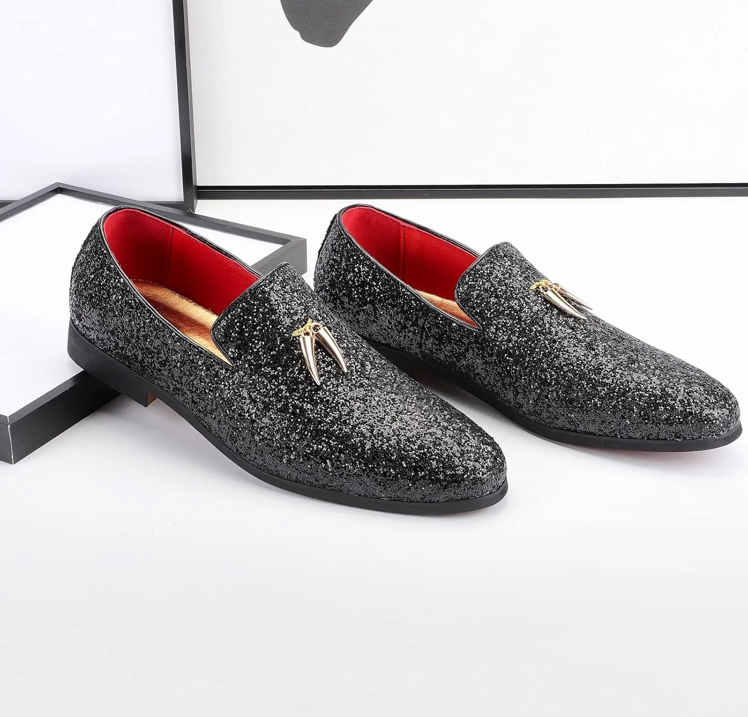Mens Smoking Glitter Slipper, Luxury Penny Slip-On Classic Party Wedding Tuxedo Loafers Sparkle Dress Shoes