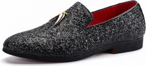 Mens Smoking Glitter Slipper, Luxury Penny Slip-On Classic Party Wedding Tuxedo Loafers Sparkle Dress Shoes