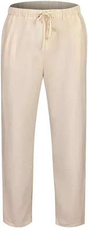 Men's Solid Color Casual Simple Cotton and Linen Elastic Drawstring Stitching Wide-Leg Trousers