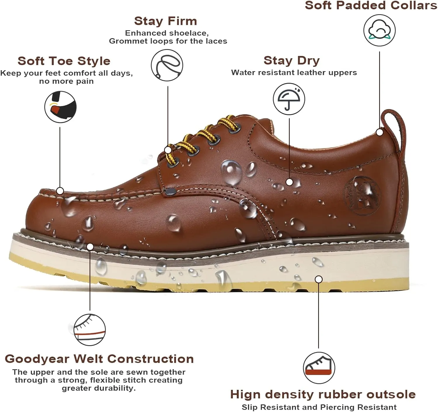Men's Stylish Classic 4", 6", & 8" Soft Moc Toe & Steel Toe EH Leather SureTrack Work Boots with Non-Slip Wedge Outsole & Goodyear Storm Welt