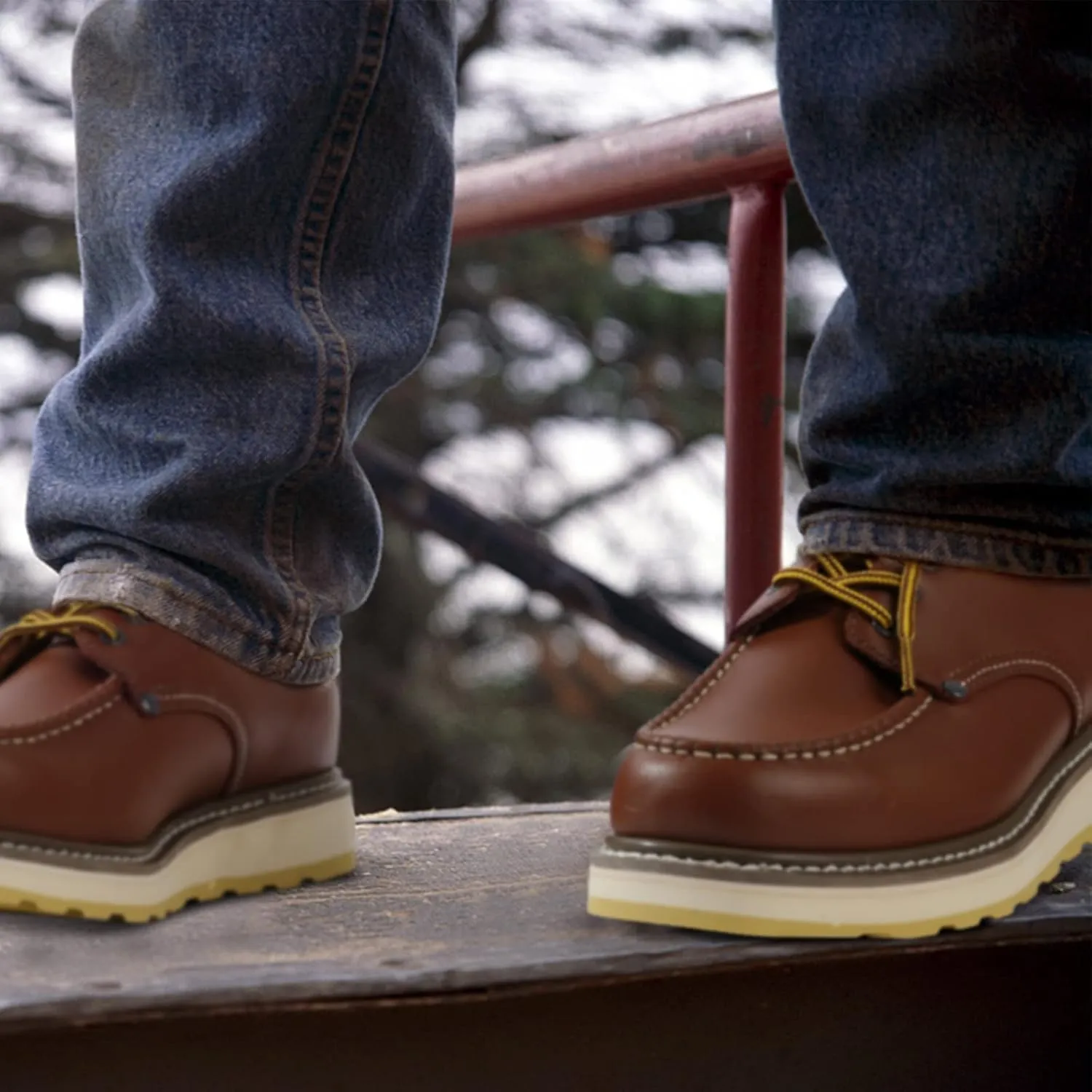 Men's Stylish Classic 4", 6", & 8" Soft Moc Toe & Steel Toe EH Leather SureTrack Work Boots with Non-Slip Wedge Outsole & Goodyear Storm Welt