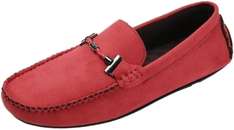 Men's Suede Loafers - Classic Round Toe Moccasins with Stitching Details, Anti-Slip Rubber Sole Flat Heel Easy Slip-On Design for Driving Casual Wear
