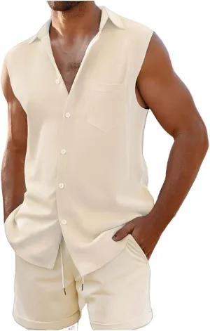 Mens Summer Track Suits Waffle Knit Sleeveless Polo Shirt and Shorts Set Casual 2 Pieces Breathable Outfits with Pockets