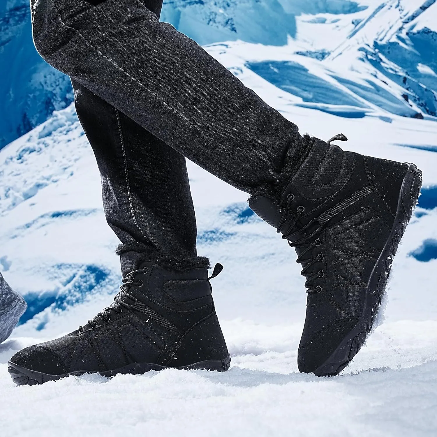 Mens Womens Snow Boots Winter Barefoot Shoes Warm Fur Lined Short Ankle Booties Outdoor Anti-Slip Wide Toe Box Walking Winter Shoes