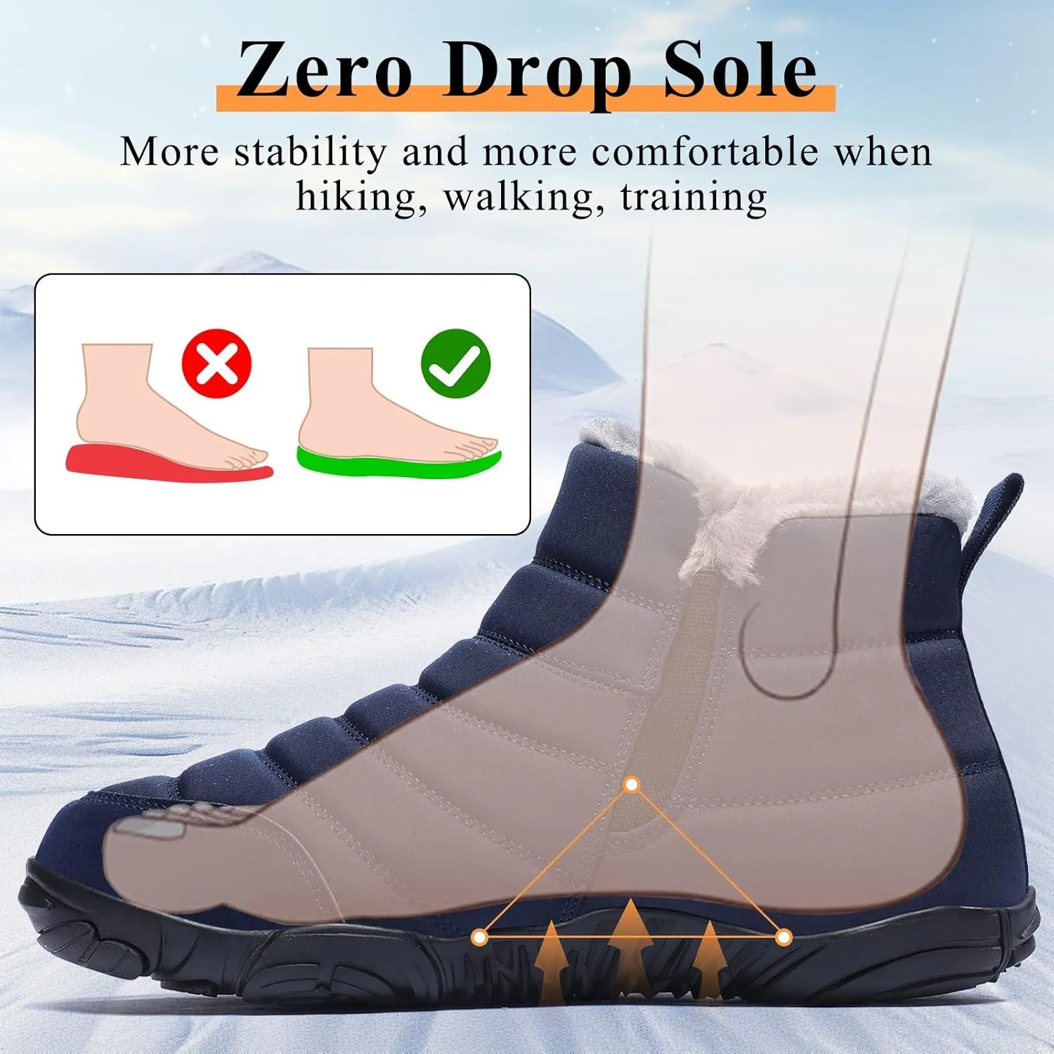 Mens Womens Winter Snow Boots Wide Toe Box Barefoot boot Fur Lined Minimalist Zero Drop Sole Walking Shoes