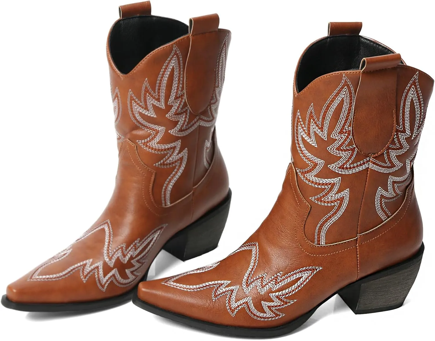 MEOTINA Black Ankle Boots for Women Short Cowboy Boot Wide Calf Cowgirl Booties Square Toe Ankle Western Bootie Concert Shoes