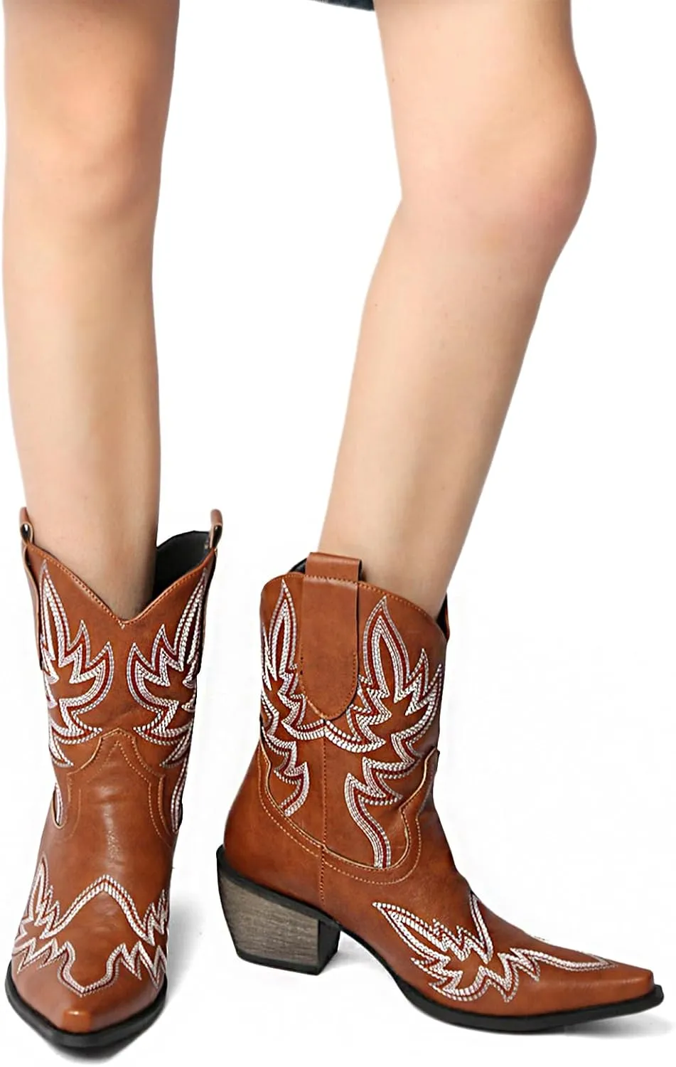 MEOTINA Black Ankle Boots for Women Short Cowboy Boot Wide Calf Cowgirl Booties Square Toe Ankle Western Bootie Concert Shoes