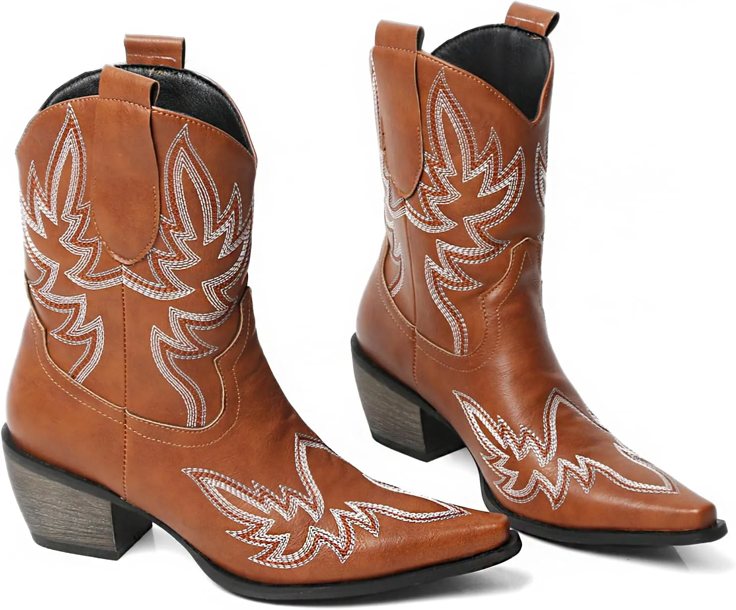 MEOTINA Black Ankle Boots for Women Short Cowboy Boot Wide Calf Cowgirl Booties Square Toe Ankle Western Bootie Concert Shoes