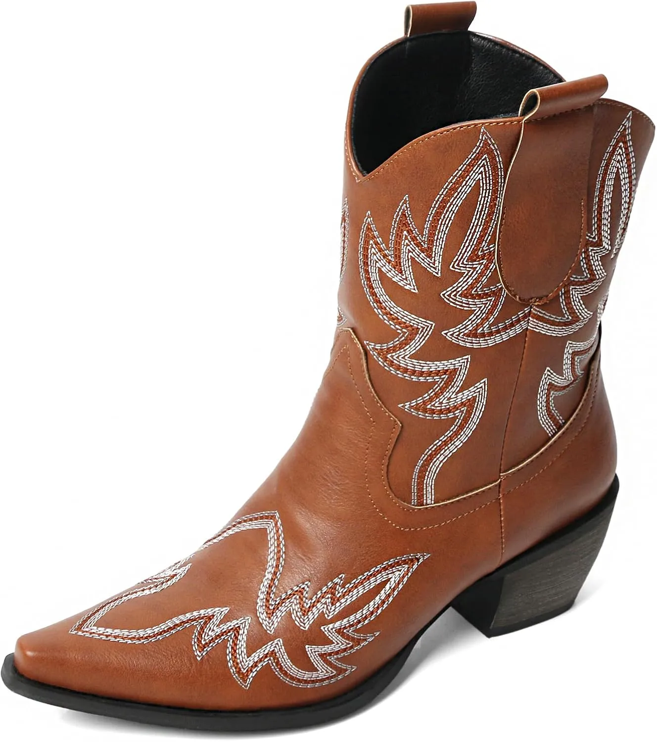 MEOTINA Black Ankle Boots for Women Short Cowboy Boot Wide Calf Cowgirl Booties Square Toe Ankle Western Bootie Concert Shoes