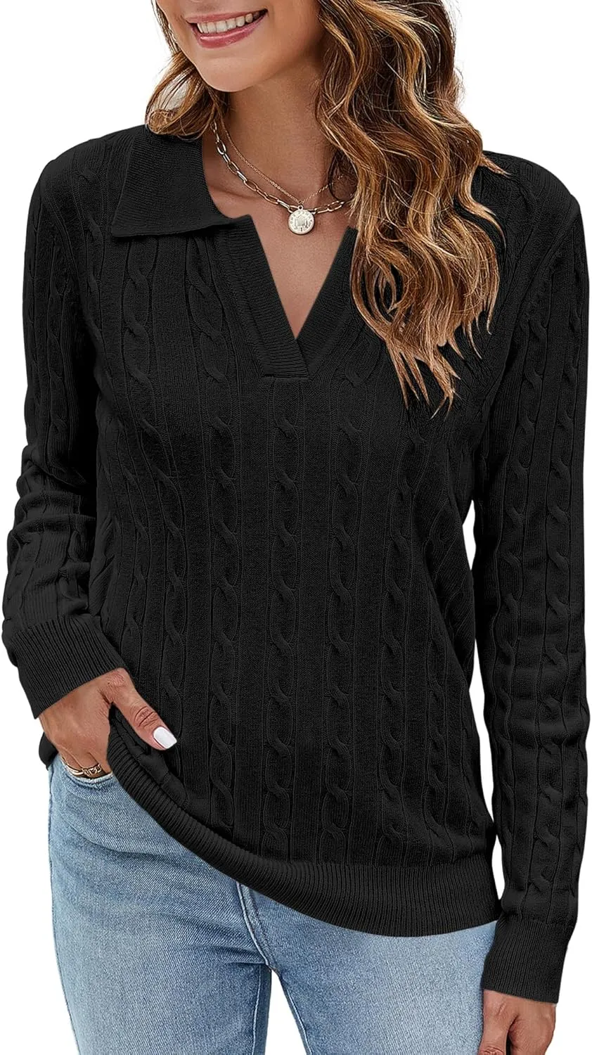 Micoson Womens Fall Long Sleeve Sweaters Lapel V Neck Cable Knitted Pullover Casual Soft Jumper Top