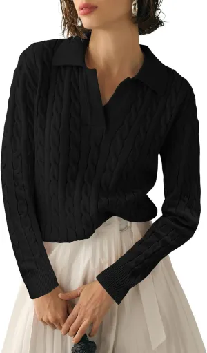Micoson Womens Fall Long Sleeve Sweaters Lapel V Neck Cable Knitted Pullover Casual Soft Jumper Top