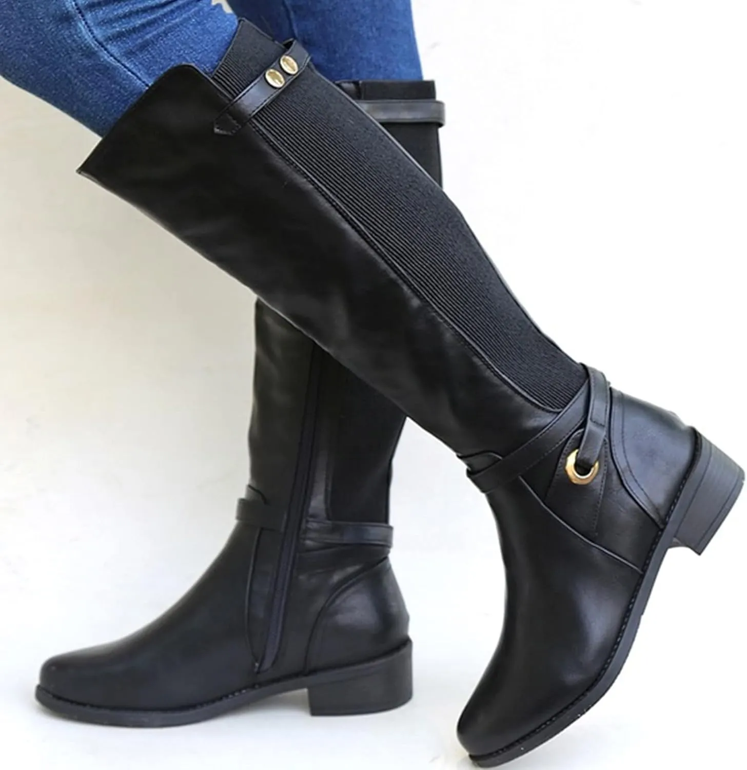 Mid Calf Boots for Women Knee High Boots Retro Leather Fashion Ladies Chunky Heel Round Toe Side Zipper Long Booties