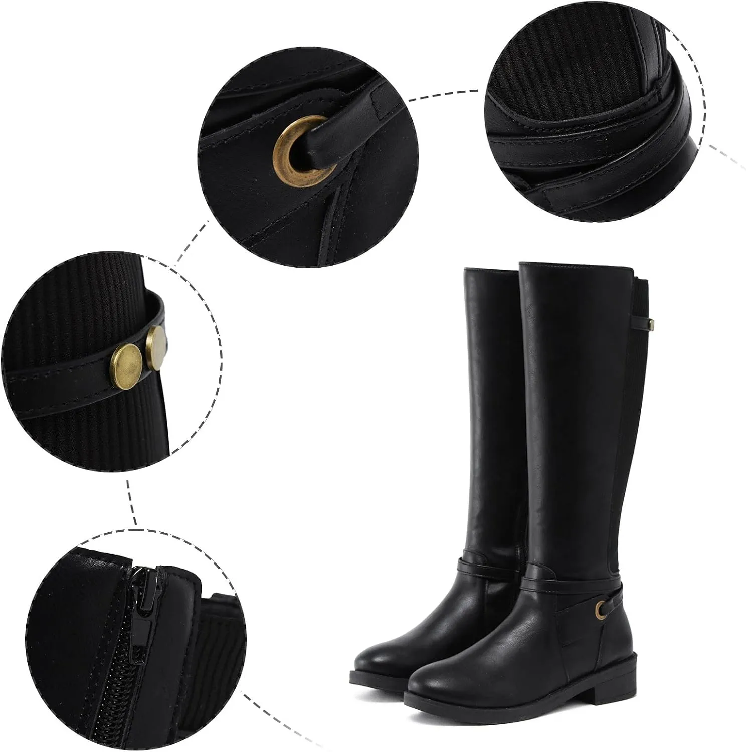 Mid Calf Boots for Women Knee High Boots Retro Leather Fashion Ladies Chunky Heel Round Toe Side Zipper Long Booties