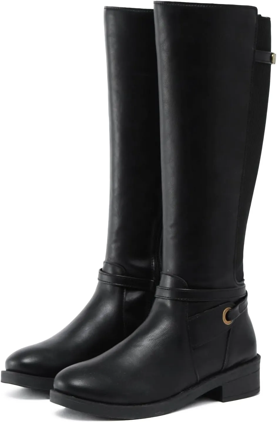 Mid Calf Boots for Women Knee High Boots Retro Leather Fashion Ladies Chunky Heel Round Toe Side Zipper Long Booties