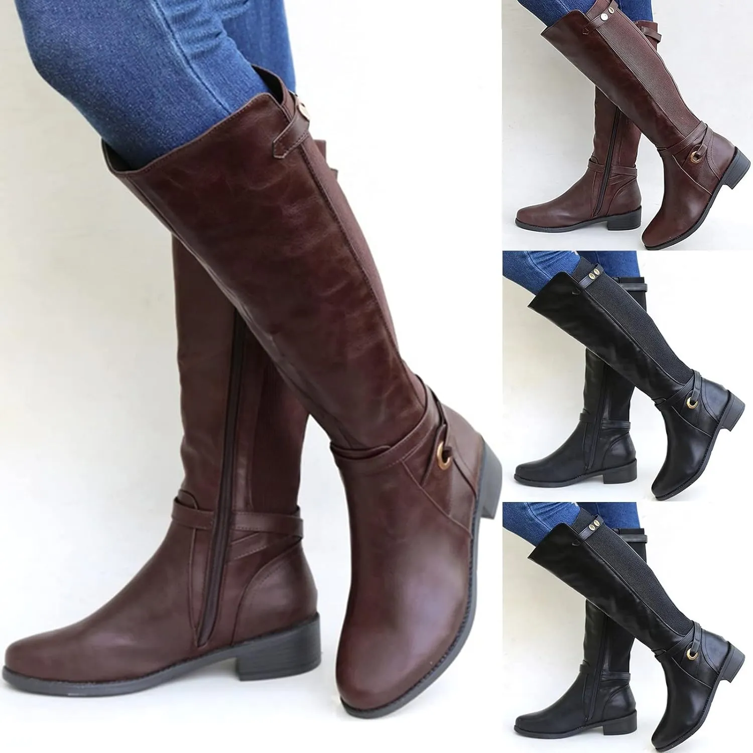Mid Calf Boots for Women Knee High Boots Retro Leather Fashion Ladies Chunky Heel Round Toe Side Zipper Long Booties