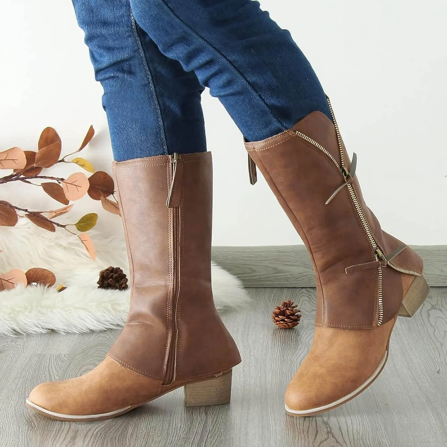 Mid Calf Boots for Women Zipper Wide Calf Knee High Boots, Wide Width Plus Size Knee-High Boots Low Heel Fashion Winter Boots.