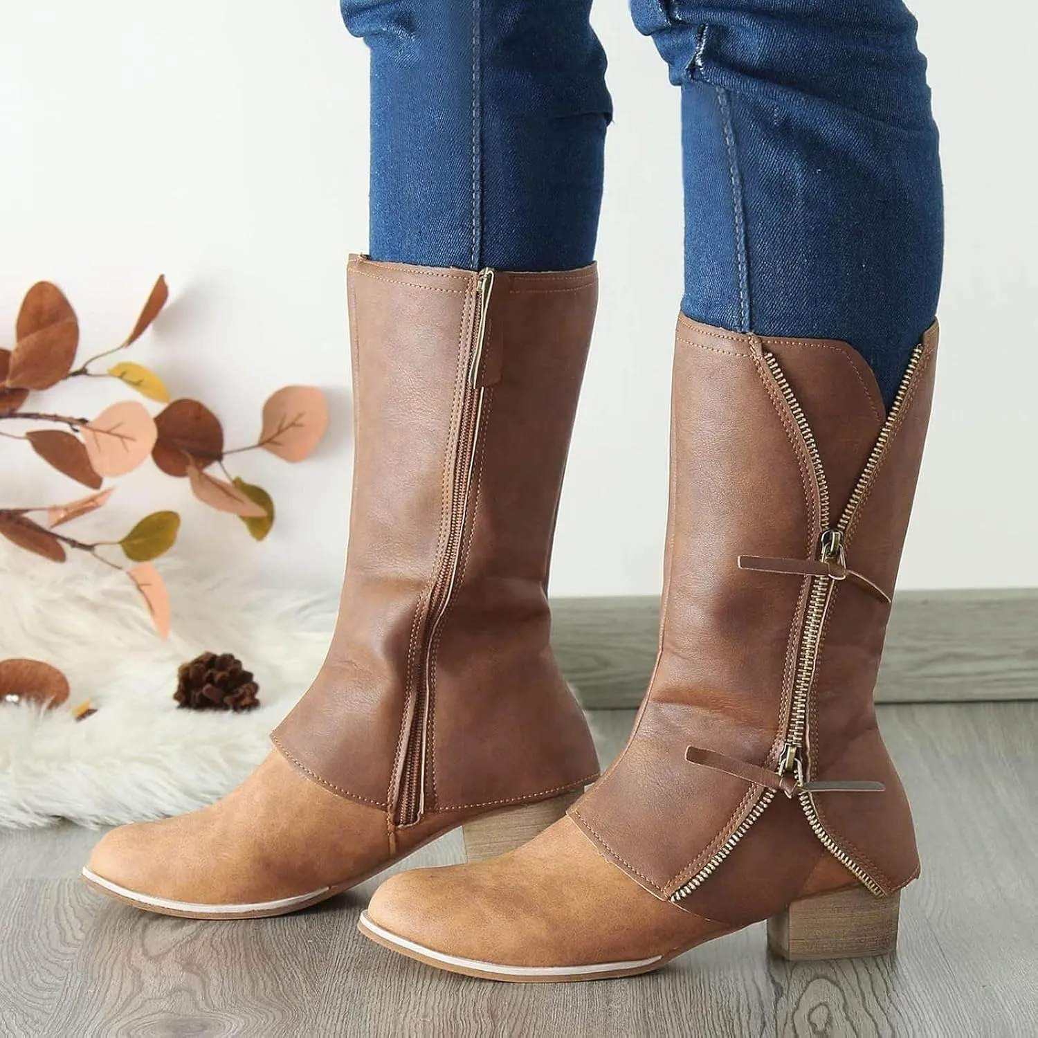 Mid Calf Boots for Women Zipper Wide Calf Knee High Boots, Wide Width Plus Size Knee-High Boots Low Heel Fashion Winter Boots.