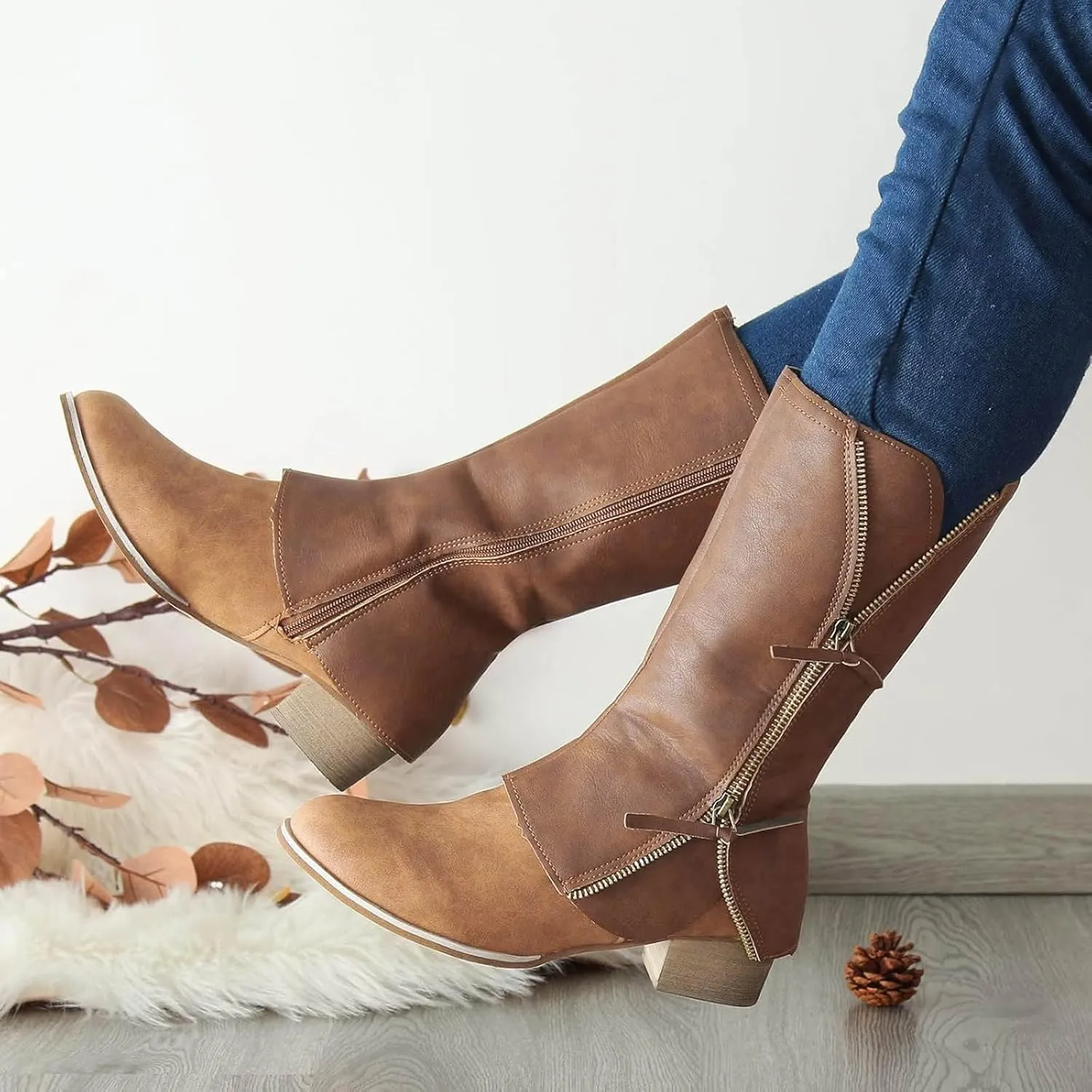 Mid Calf Boots for Women Zipper Wide Calf Knee High Boots, Wide Width Plus Size Knee-High Boots Low Heel Fashion Winter Boots.