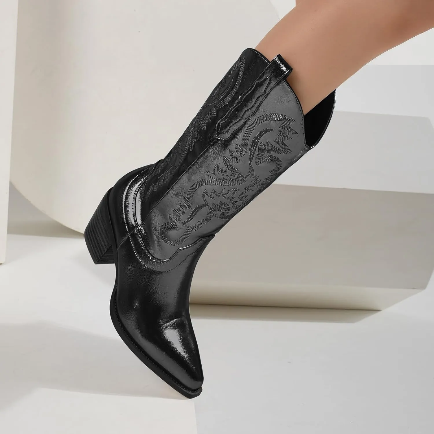 Mid Calf Metallic Cowboy Boots For Women Glitter Western Embroidered Cowgirl Boots Wide Calf Chunky Heel Wide Calf Short Boots Pull on Pointy Toe Fashion Vintage Boots