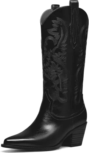 Mid Calf Metallic Cowboy Boots For Women Glitter Western Embroidered Cowgirl Boots Wide Calf Chunky Heel Wide Calf Short Boots Pull on Pointy Toe Fashion Vintage Boots