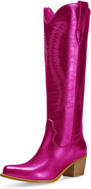 Mid Calf Metallic Cowboy Boots For Women Glitter Western Embroidered Cowgirl Boots Wide Calf Chunky Heel Wide Calf Short Boots Pull on Pointy Toe Fashion Vintage Boots
