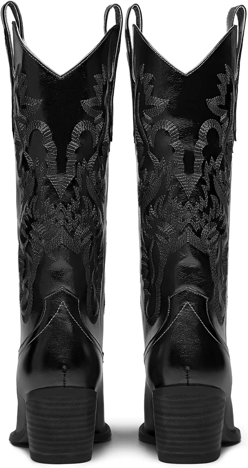 Mid Calf Metallic Cowboy Boots For Women Glitter Western Embroidered Cowgirl Boots Wide Calf Chunky Heel Wide Calf Short Boots Pull on Pointy Toe Fashion Vintage Boots