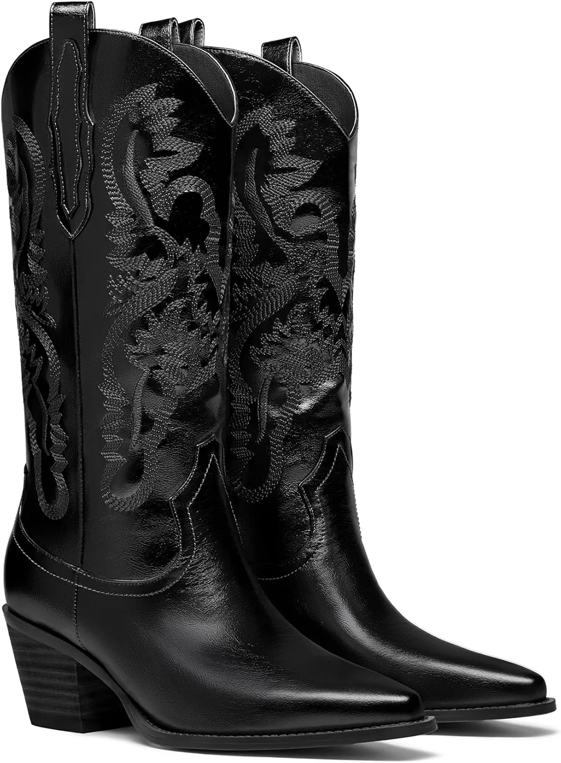 Mid Calf Metallic Cowboy Boots For Women Glitter Western Embroidered Cowgirl Boots Wide Calf Chunky Heel Wide Calf Short Boots Pull on Pointy Toe Fashion Vintage Boots