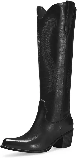 Mid Calf Metallic Cowboy Boots For Women Glitter Western Embroidered Cowgirl Boots Wide Calf Chunky Heel Wide Calf Short Boots Pull on Pointy Toe Fashion Vintage Boots